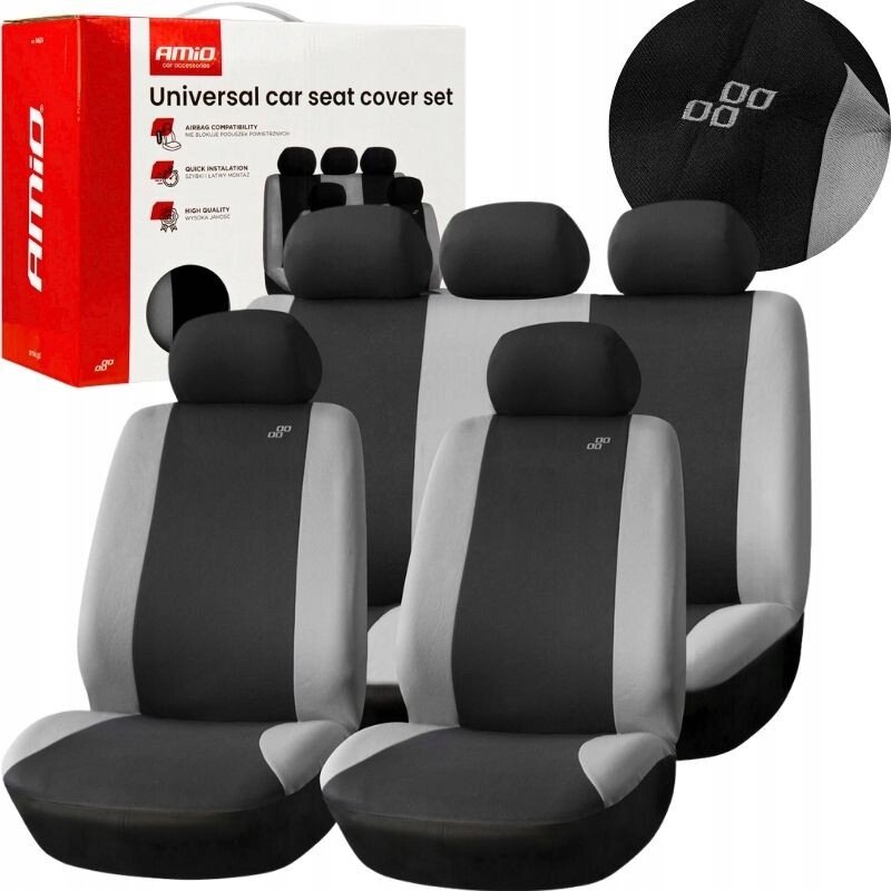 Zestaw uniwersalnych pokrowców na fotele samochodowe w kolorze czarno-szarym, z widocznym logo \'amio\' na opakowaniu. Opakowanie zawiera informacje: \'Airbag compatibility\', \'Quick installation\', \'High quality\'.