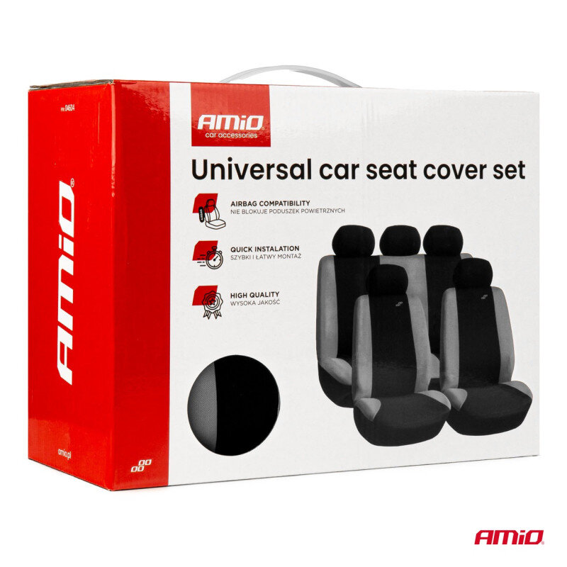 Opakowanie zestawu uniwersalnych pokrowców na fotele samochodowe z logo \'AMiO\'. Widoczne są informacje: \'Airbag compatibility\', \'Quick installation\', \'High quality\'.