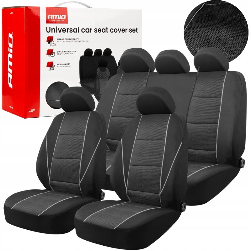 Na obrazie widoczne są czarne pokrowce samochodowe na fotele z szarymi wstawkami oraz opakowanie z napisem \'Universal car seat cover set\'. Logo producenta to \'AMiO\'.