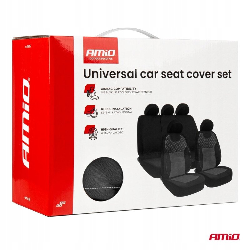 Opakowanie produktu z napisem \'Universal car seat cover set\' oraz logo \'AMiO\'. Widoczne są ilustracje pokrowców samochodowych i informacje: \'Airbag compatibility\', \'Quick installation\', \'High quality\'.