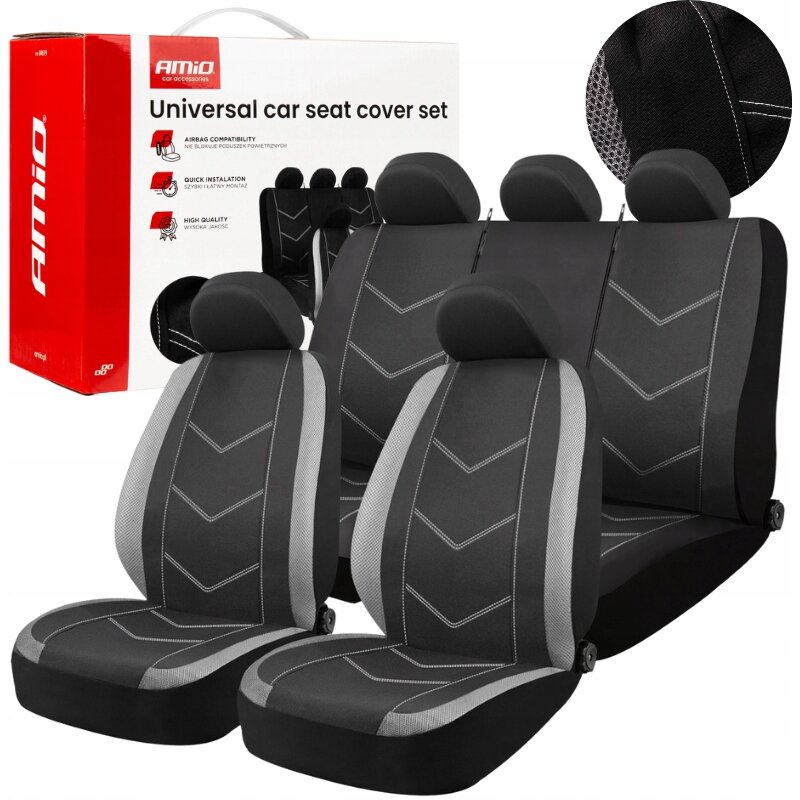Na obrazie widoczne są czarne pokrowce samochodowe z szarymi wstawkami, przeznaczone na fotele przednie i tylne. Obok znajduje się pudełko z napisem \'Universal car seat cover set\' oraz logo \'AMiO\'.