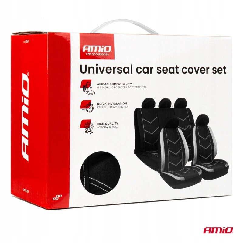 Opakowanie produktu z napisem \'Universal car seat cover set\' oraz logo \'AMiO\'. Widoczne są ilustracje pokrowców samochodowych i informacje: \'Airbag compatibility\', \'Quick installation\', \'High quality\'.