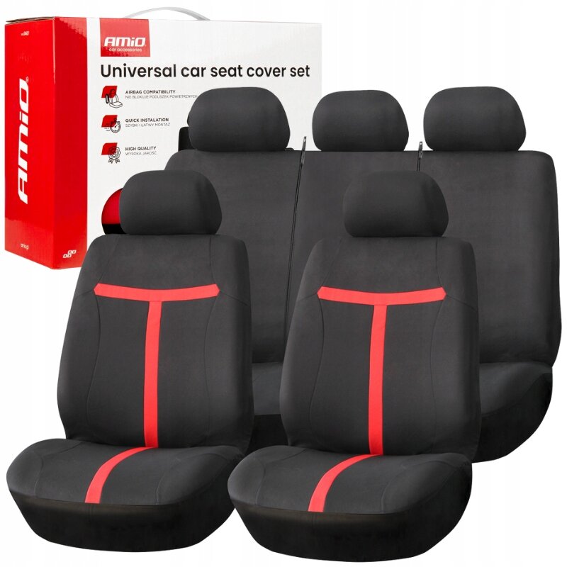 Zestaw uniwersalnych pokrowców na fotele samochodowe w kolorze czarnym z czerwonymi akcentami, widoczny na tle opakowania z napisem \'Universal car seat cover set\'.