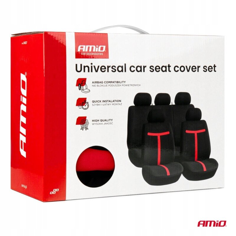 Opakowanie zestawu uniwersalnych pokrowców na siedzenia samochodowe z logo \'Amio\'. Widoczne są informacje: \'Airbag compatibility\', \'Quick installation\', \'High quality\'.