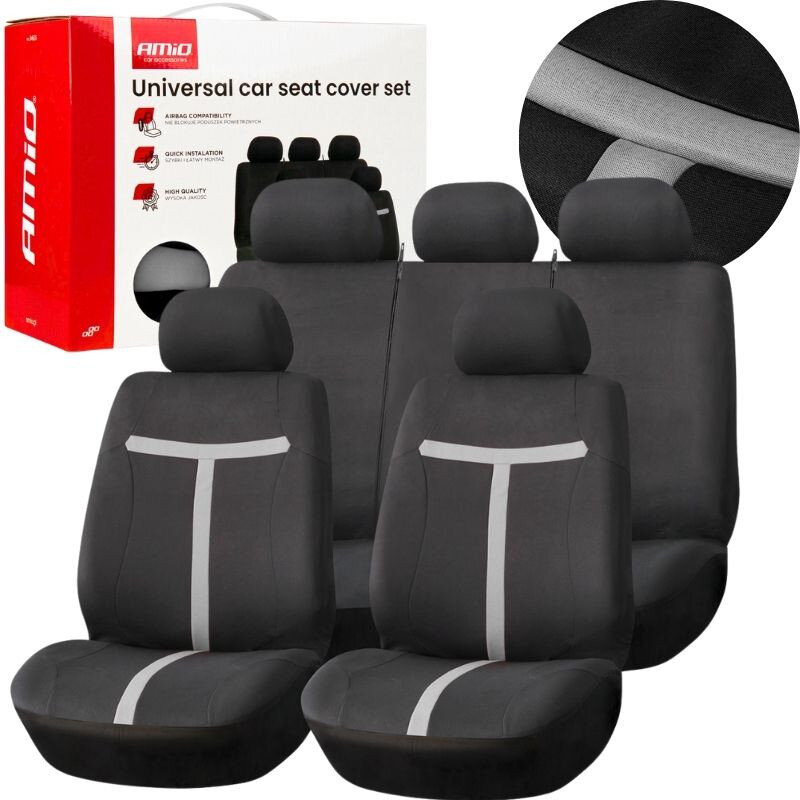 Na obrazie widoczne są czarne pokrowce samochodowe z szarymi paskami, przeznaczone na fotele przednie i tylne. W tle znajduje się opakowanie z napisem \'Universal car seat cover set\' oraz logo \'Amio\'.