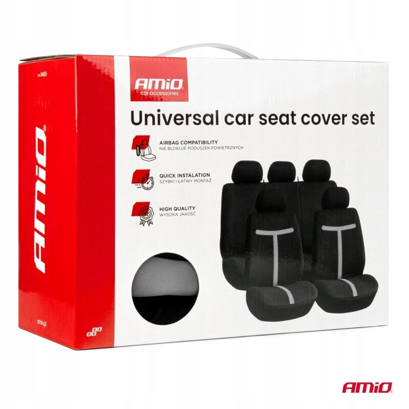 Opakowanie zestawu uniwersalnych pokrowców na fotele samochodowe z logo \'Amio\'. Widoczne są informacje: \'Airbag compatibility\', \'Quick installation\', \'High quality\'.