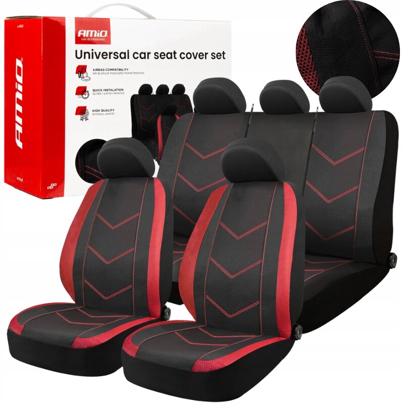 Zestaw uniwersalnych pokrowców na fotele samochodowe w kolorze czarno-czerwonym z widocznym pudełkiem z napisem \'Universal car seat cover set\'. Na pudełku znajdują się ikony z opisami: \'Airbag compatibility\', \'Quick installation\', \'High quality\'.