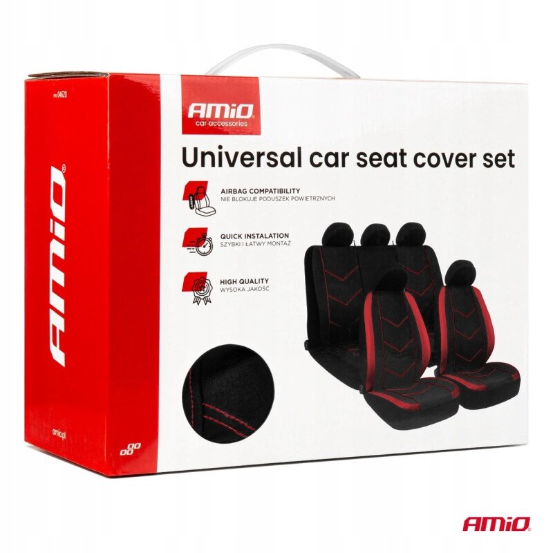 Opakowanie zestawu uniwersalnych pokrowców na fotele samochodowe z logo \'AMiO\'. Widoczne są informacje: \'Airbag Compatibility\', \'Quick Installation\', \'High Quality\'.