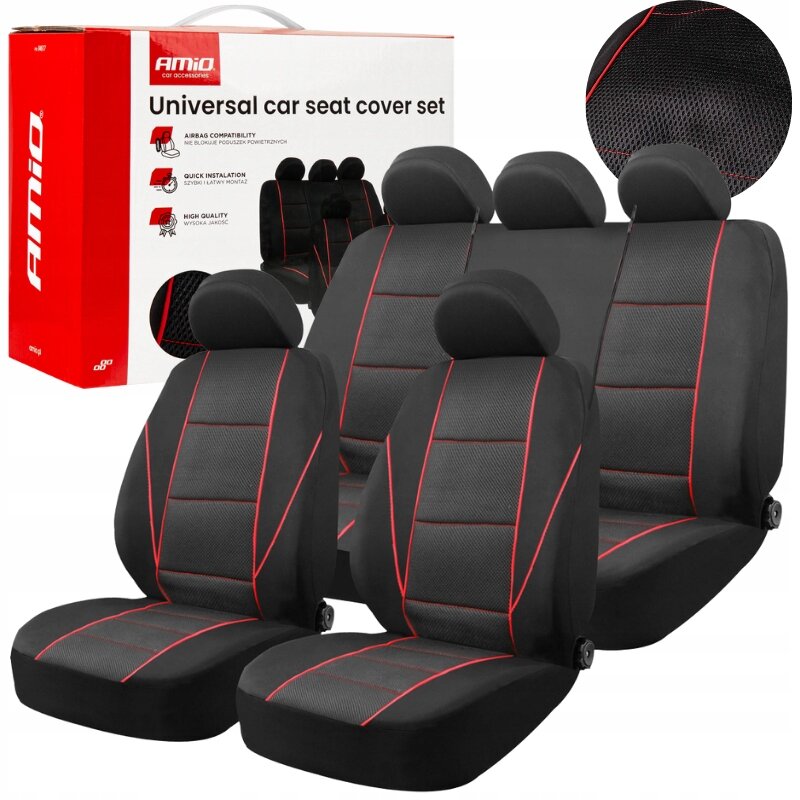 Zestaw uniwersalnych pokrowców na fotele samochodowe w kolorze czarnym z czerwonymi akcentami. W tle widoczne jest opakowanie z napisem \'Universal car seat cover set\' oraz logo \'Amio\'.