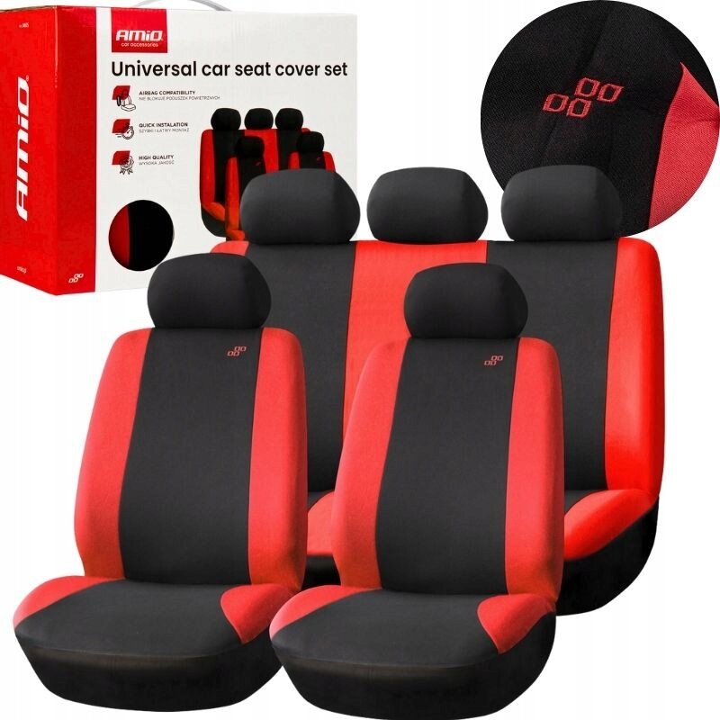 Zestaw uniwersalnych pokrowców na fotele samochodowe w kolorze czarno-czerwonym, z widocznym logo \'Amio\' na opakowaniu. Na opakowaniu znajduje się tekst: \'Universal car seat cover set\'.