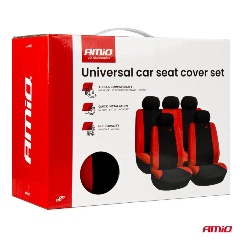 Opakowanie produktu z napisem \'Universal car seat cover set\' oraz logo \'AMiO\'. Widoczne są ilustracje pokrowców samochodowych w kolorze czarno-czerwonym i informacje: \'Airbag compatibility\', \'Quick installation\', \'High quality\'.