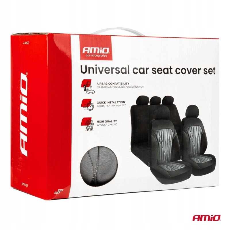 Opakowanie zestawu uniwersalnych pokrowców na fotele samochodowe z logo \'AMiO car accessories\'. Widoczne są informacje: \'Airbag compatibility\', \'Quick installation\', \'High quality\' oraz ilustracja pokrowców.