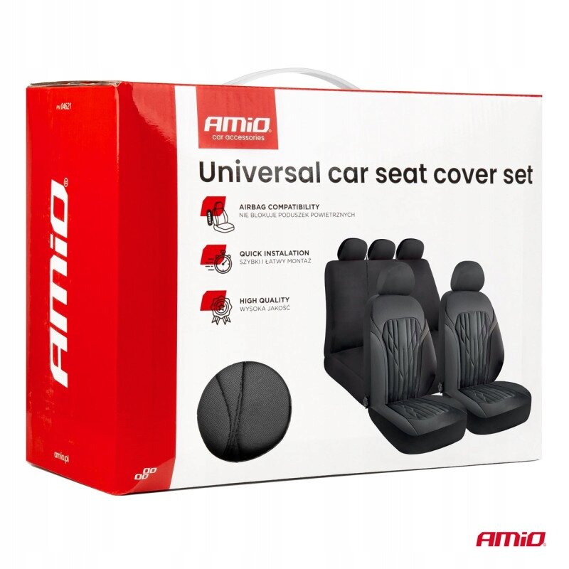 Opakowanie z napisem \'AMiO car accessories Universal car seat cover set\' zawiera zdjęcie pokrowców samochodowych na fotele. Widoczne są ikony z opisami: \'Airbag compatibility\', \'Quick installation\', \'High quality\'.