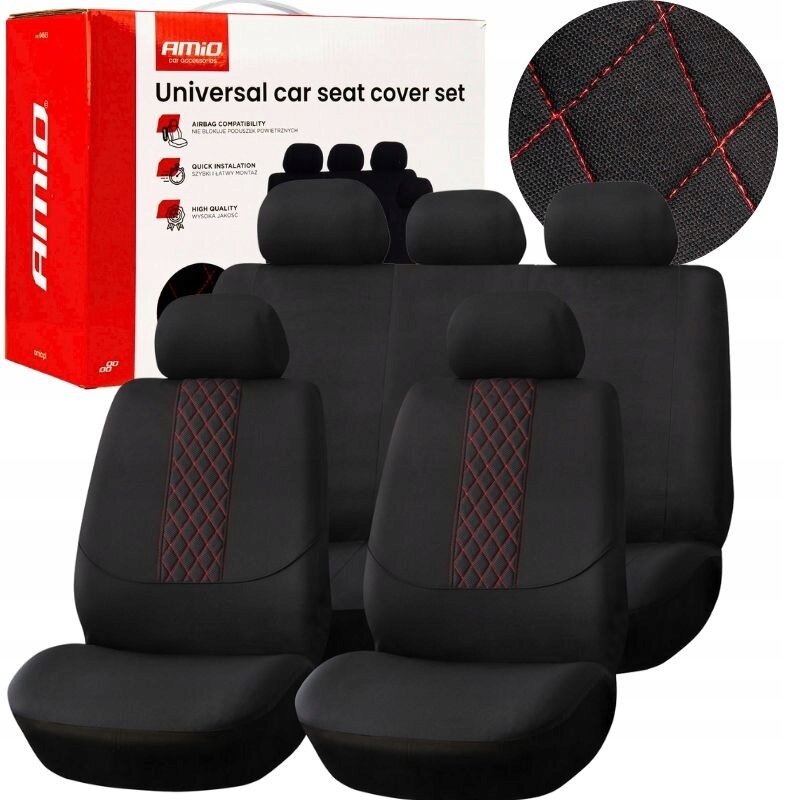 Zestaw uniwersalnych pokrowców na fotele samochodowe w kolorze czarnym z czerwonymi przeszyciami, widoczny na tle opakowania z napisem \'Universal car seat cover set\'.