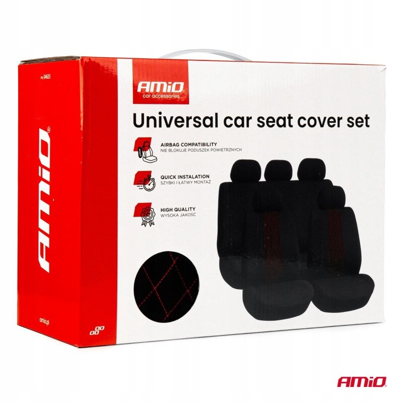 Opakowanie zestawu uniwersalnych pokrowców na fotele samochodowe z logo \'AMiO\'. Widoczne są informacje: \'Airbag compatibility\', \'Quick installation\', \'High quality\'.