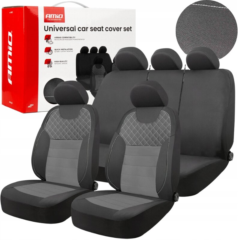 Zestaw uniwersalnych pokrowców na fotele samochodowe w kolorze czarnym z szarymi wstawkami, widoczny na tle opakowania z napisem \'Universal car seat cover set\'. Opakowanie zawiera informacje o kompatybilności z poduszkami powietrznymi, łatwej instalacji i wysokiej jakości wykonania.