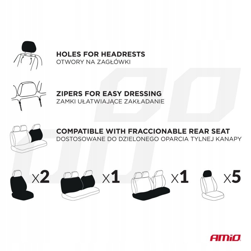 Obraz przedstawia schemat pokrowców samochodowych z opisami: \'Holes for headrests\', \'Zippers for easy dressing\', \'Compatible with fraccionable rear seat\'. Widoczne są ilustracje pokrowców oraz logo \'AMiO\'.