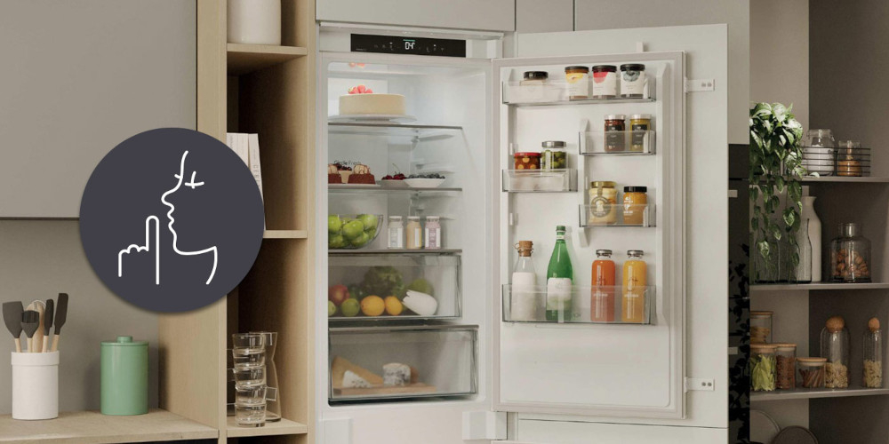 LODÓWKA CANDY ECNBQT3518E FRESCO 400 wizualizacja ikona kuchnia zabudowa dekoracje szafki kuchenne otwarta chłodziarka wnętrze półki szuflady balkoniki cicha praca komfort 35 dB relaks bez zakłóceń