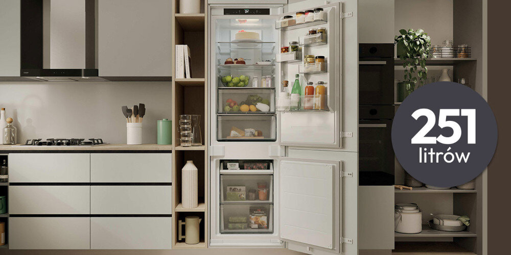 LODÓWKA CANDY ECNBQT3518E FRESCO 400 wizualizacja front otwarta wnętrze pojemność 251 l ikona wymiary szerokość 54 cm