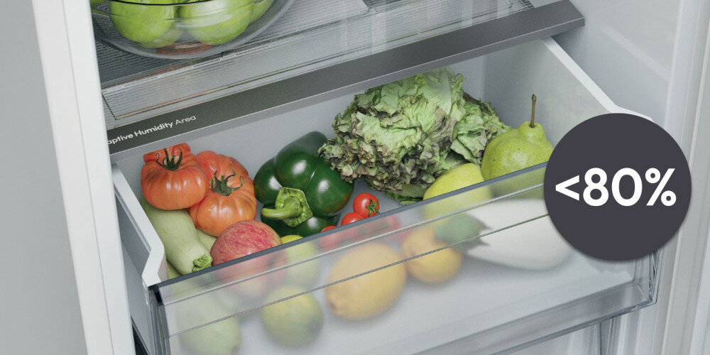 LODÓWKA CANDY ECNBQT3518E FRESCO 400 wizualizacja otwarta szuflada warzywa świeżość na długo szuflada z regulacją Adaptive Humidity Area