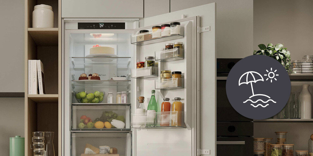 LODÓWKA CANDY ECNBQT3518E FRESCO 400 wizualizacja ikona otwarta wnętrze półki szuflady Tryb wakacyjny oszczędności