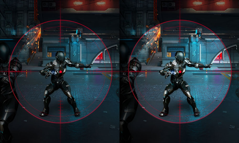 Monitor LG UltraGear 32G810SA-W.AEU 31.5 3840x2160px IPS 144Hz 1 ms [GTG] porównanie obrazu ze stabilizatorem czerni i bez wyraźne detale w ciemności