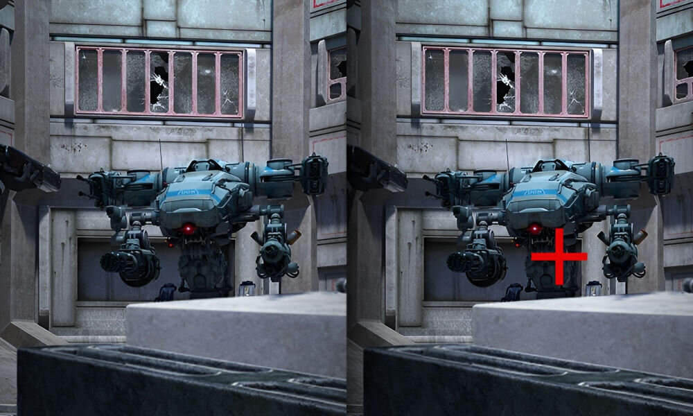 Monitor LG UltraGear 32G810SA-W.AEU 31.5 3840x2160px IPS 144Hz 1 ms [GTG] porównanie obrazu z celownikiem i bez łatwe celowanie wysoka skuteczność w grze