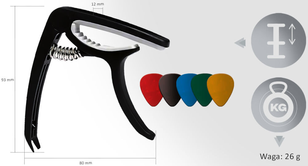 Kapodaster MUSICMATE MM-A5 Tuneclip Czarny
					przemyślana konstrukcja, wewnętrzna powłoka ochronna, mocna sprężyna, połączenie trwałości z kompaktową konstrukcją o wymiarach ok. 80 x 12 x 93 mm,
					niewielka waga ok. 26 g,
					produkt oraz 5 kolorowych kostek gitarowych na jasnym tle, wektory z wymiarami