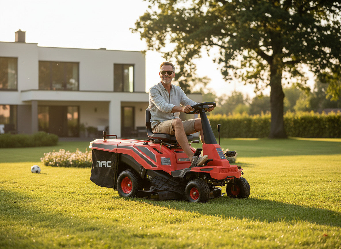 Traktor ogrodowy NAC TRR61-224R-RC-RO, trawnik, koszenie, rider, ogród, Mężczyzna koszący trawę traktorkiem ogrodowym.