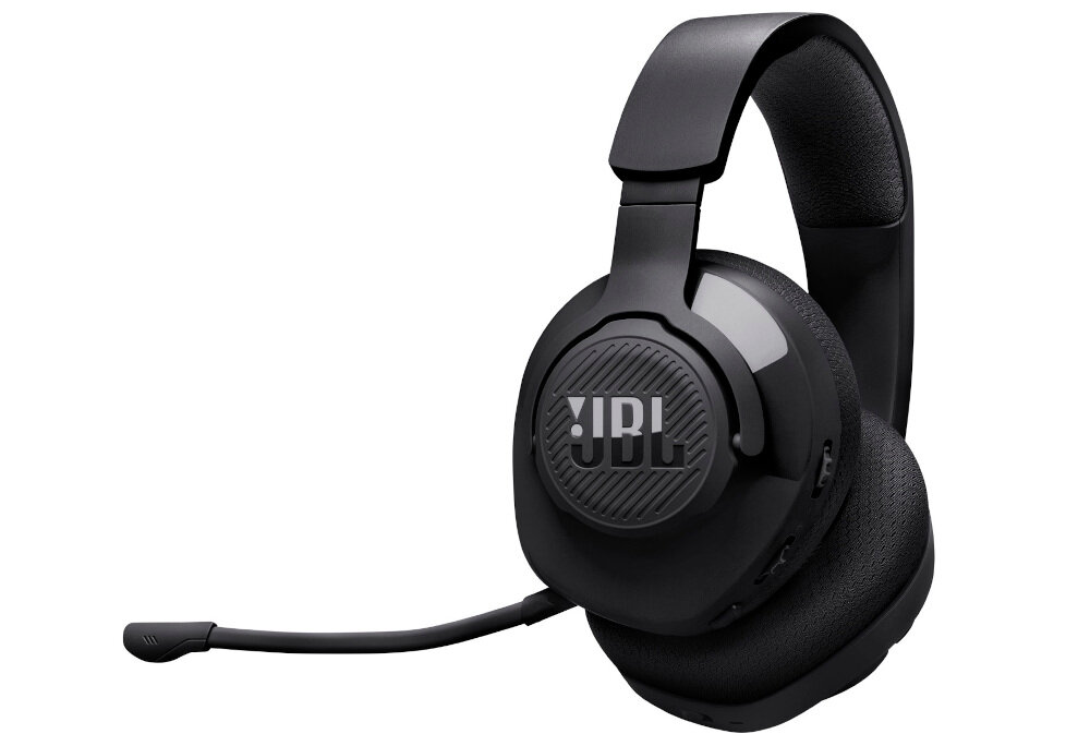 Czarne, nauszne słuchawki bezprzewodowe z mikrofonem, z widocznym logo \'JBL\' na nauszniku.