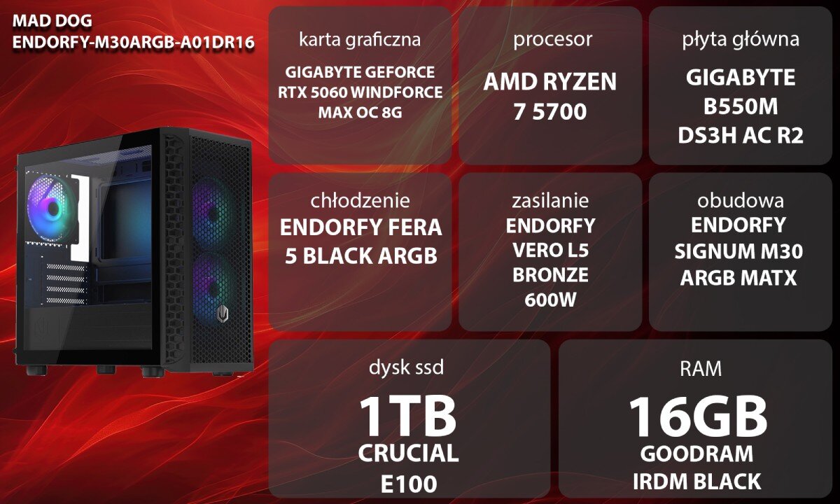 Obraz przedstawia komputer z podświetleniem RGB oraz specyfikację techniczną: karta graficzna GIGABYTE GeForce RTX 5060, procesor AMD Ryzen 7 5700, płyta główna GIGABYTE B550M DS3H AC R2, chłodzenie ENDORFY Fera 5 Black ARGB, zasilanie ENDORFY Vero L5 Bronze 600W, obudowa ENDORFY Signum M30 ARGB MATX, dysk SSD 1TB Crucial E100, RAM 16GB Goodram IRDM Black.