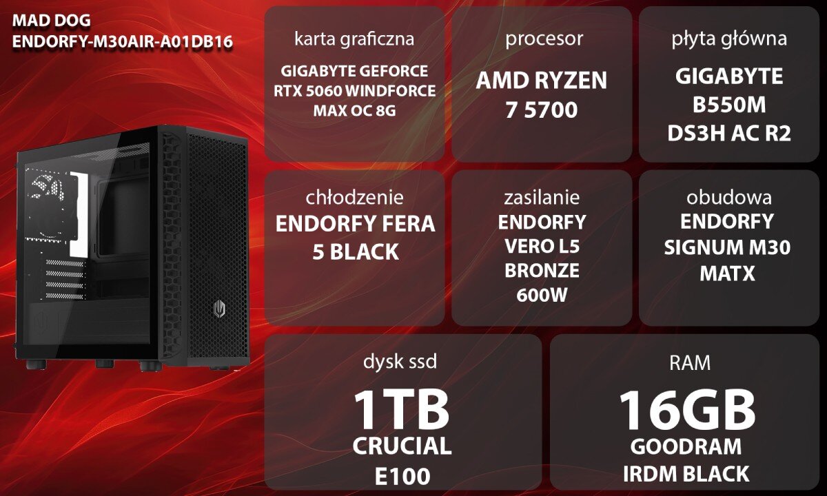 Komputer MAD DOG ENDORFY-M30AIR-A01DB16 kobieta w siedzi przy biurku i gra w grę komputerową na dużym monitorze. Ma na uszach czarne słuchawki z podświetlonym zielonym logo, a jej dłonie spoczywają na podświetlonej klawiaturze i myszce. Obok monitora stoi czarna obudowa komputerowa z przeszklonym bokiem