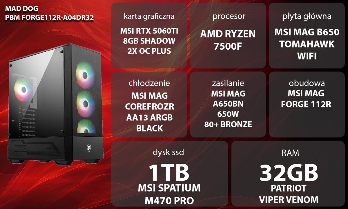 Komputer MAD DOG Powered By MSI FORGE112R-A04DR32 Kobieta w słuchawkach siedzi przed monitorem z grą i obudową komputera z widocznym podświetleniem komponentów, opis