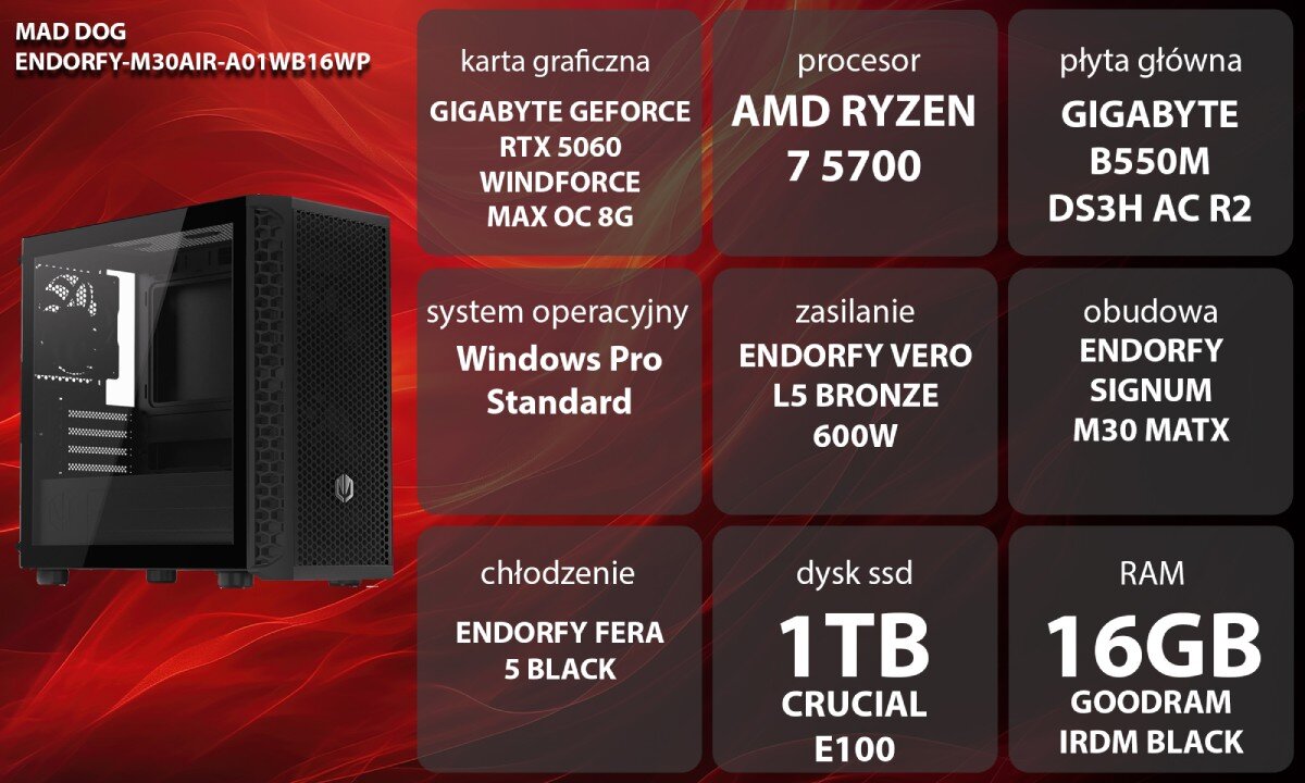 Komputer MAD DOG ENDORFY-M30AIR-A01WB16WP kobieta w siedzi przy biurku i gra w grę komputerową na dużym monitorze. Ma na uszach czarne słuchawki z podświetlonym zielonym logo, a jej dłonie spoczywają na podświetlonej klawiaturze i myszce. Obok monitora stoi czarna obudowa komputerowa z przeszklonym bokiem