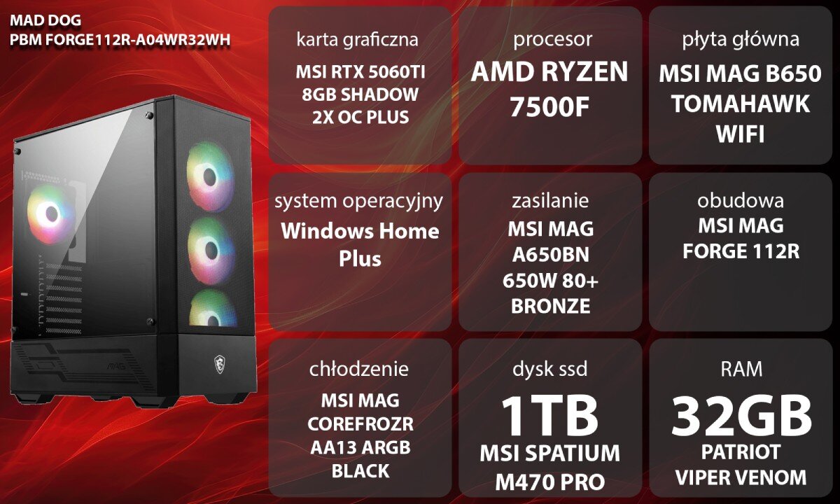 Komputer MAD DOG Powered By MSI FORGE112R-A04WR32WH Kobieta w słuchawkach siedzi przed monitorem z grą i obudową komputera z widocznym podświetleniem komponentów, opis