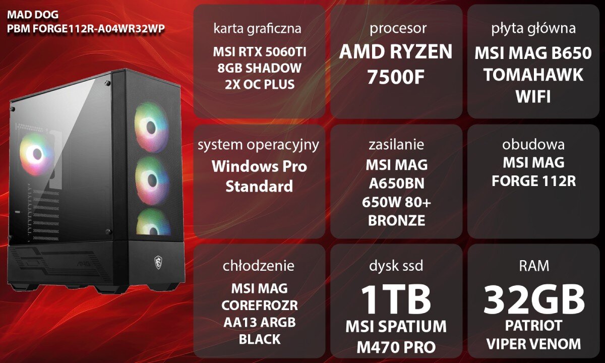 Komputer MAD DOG Powered By MSI FORGE112R-A04WR32WP Kobieta w słuchawkach siedzi przed monitorem z grą i obudową komputera z widocznym podświetleniem komponentów, opis