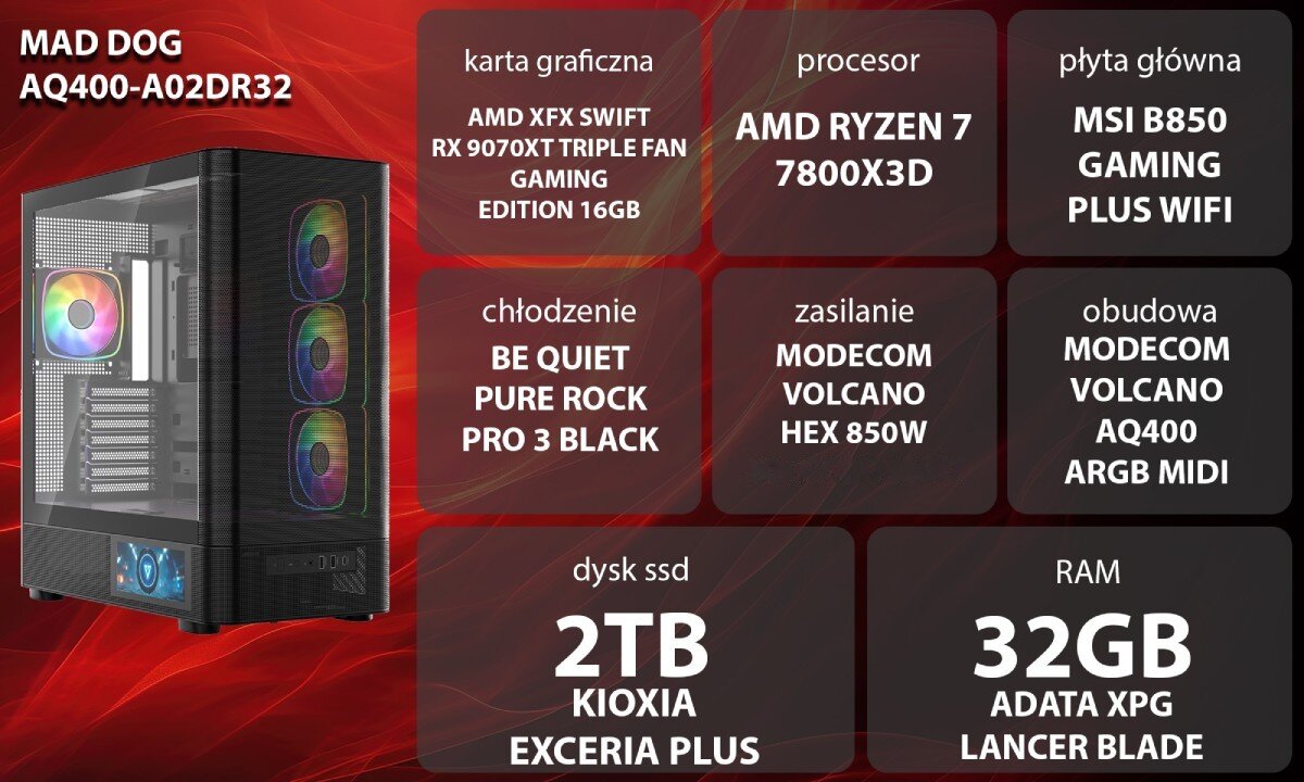 Obraz przedstawia komputer MAD DOG AQ400-A02DR32 z widocznymi komponentami: karta graficzna AMD XFX SWIFT RX 9070XT, procesor AMD Ryzen 7 7800X3D, płyta główna MSI B850 Gaming Plus WiFi, chłodzenie Be Quiet Pure Rock Pro 3 Black, zasilanie Modecom Volcano HEX 850W, obudowa Modecom Volcano AQ400 ARGB Midi, dysk SSD 2TB Kioxia Exceria Plus, RAM 32GB Adata XPG Lancer Blade.