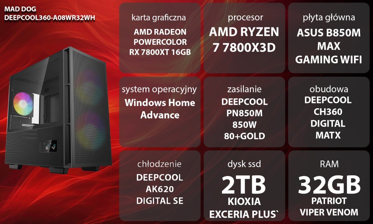 Komputer MAD DOG DEEPCOOL360-A08WR32WH Grafika przedstawiająca specyfikację komputera, z podziałem na podzespoły. W lewej części znajduje się model komputera, a obok niego informacje o podzespołach, opis