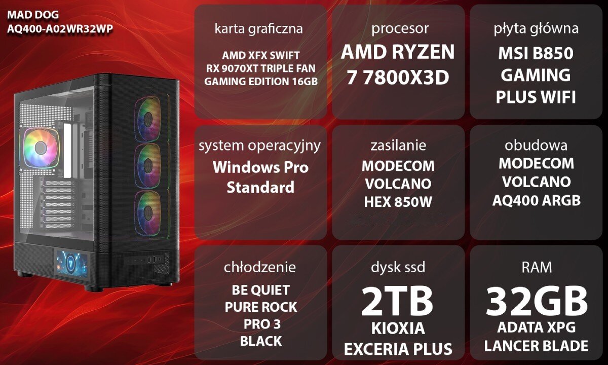 Komputer MAD DOG AQ400-A02WR32WP Dwie czarne obudowy komputerowe o konstrukcji typu akwarium z przeszklonymi panelami, kolorowo podświetlonymi wentylatorami wewnątrz oraz małym ekranem LCD na dole przedniej części