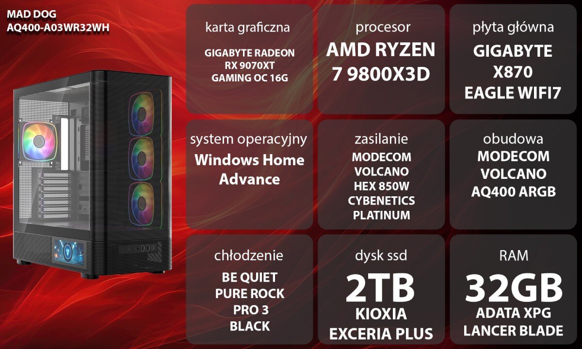 Komputer MAD DOG AQ400-A03WR32WH Dwie czarne obudowy komputerowe o konstrukcji typu akwarium z przeszklonymi panelami, kolorowo podświetlonymi wentylatorami wewnątrz oraz małym ekranem LCD na dole przedniej części