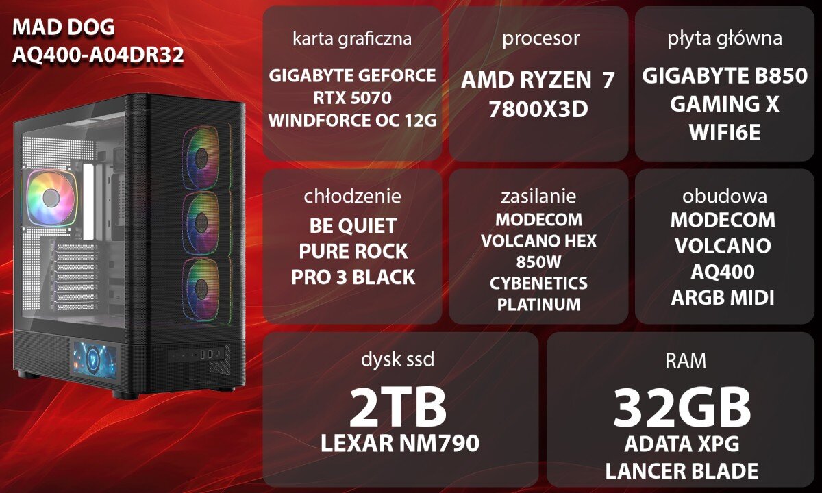 Komputer MAD DOG GeForce RTX5070 DLSS 4 Reflex Edition 2 AQ400-A04DR32 Dwie czarne obudowy komputerowe o konstrukcji typu akwarium z przeszklonymi panelami, kolorowo podświetlonymi wentylatorami wewnątrz oraz małym ekranem LCD na dole przedniej części