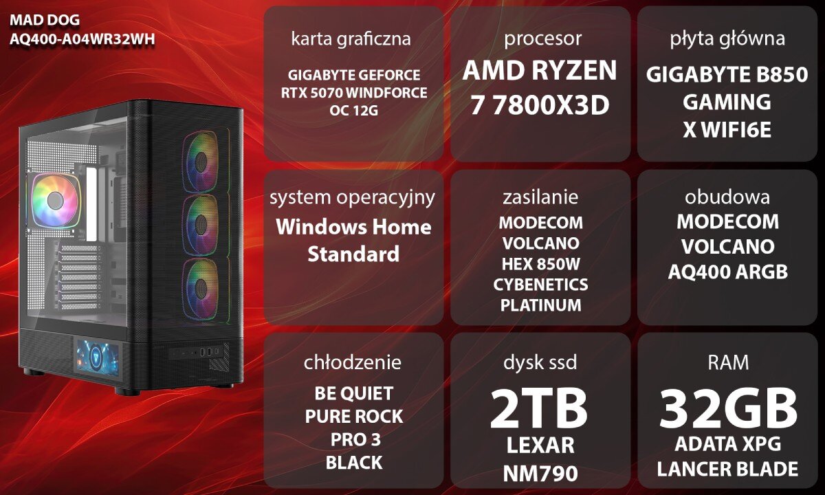 Komputer MAD DOG GeForce RTX5070 DLSS 4 Reflex Edition 2 AQ400-A04WR32WH Dwie czarne obudowy komputerowe o konstrukcji typu akwarium z przeszklonymi panelami, kolorowo podświetlonymi wentylatorami wewnątrz oraz małym ekranem LCD na dole przedniej części