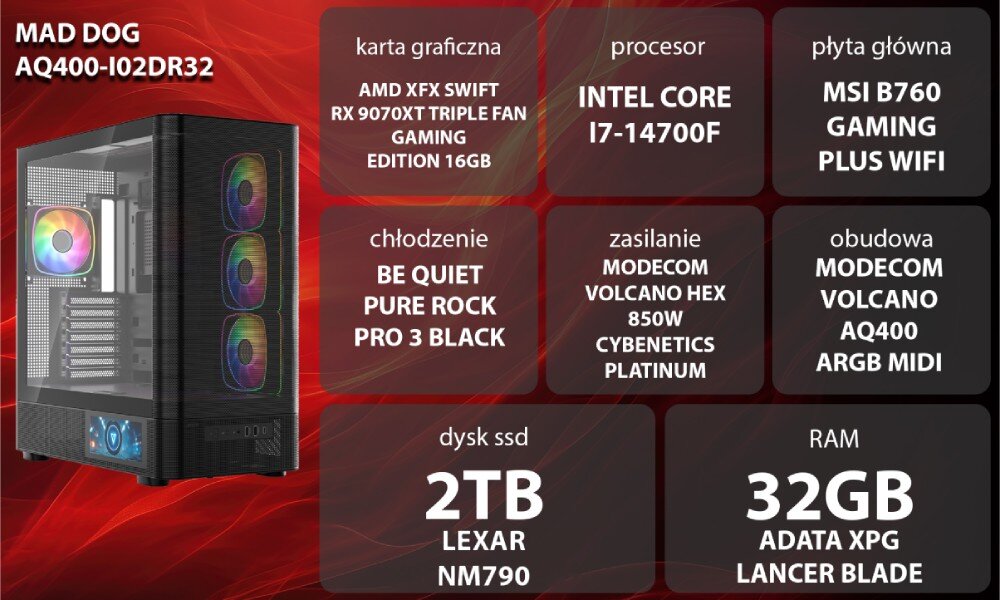 Komputer MAD DOG AQ400-I02DR32 Dwie czarne obudowy komputerowe o konstrukcji typu akwarium z przeszklonymi panelami, kolorowo podświetlonymi wentylatorami wewnątrz oraz małym ekranem LCD na dole przedniej części