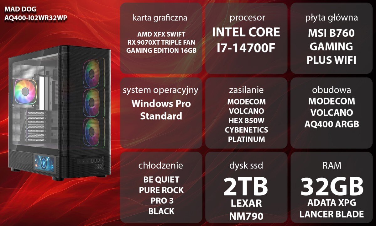 Komputer MAD DOG AQ400-I02WR32WP Dwie czarne obudowy komputerowe o konstrukcji typu akwarium z przeszklonymi panelami, kolorowo podświetlonymi wentylatorami wewnątrz oraz małym ekranem LCD na dole przedniej części