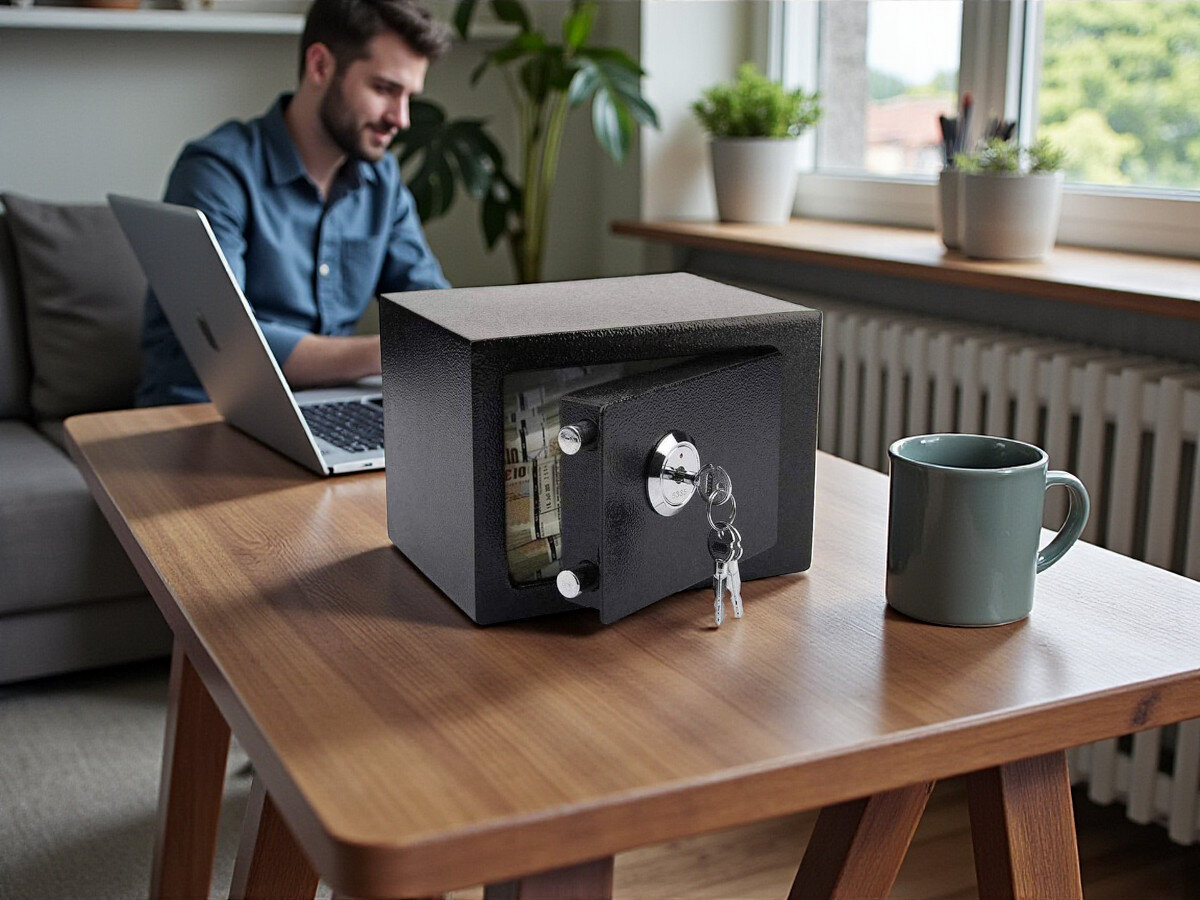 Sejf domowy EXTRALINK Home S-404 Czarny, sejf, ochrona, bezpieczeństwo, przechowywanie, Mężczyzna przy biurku z otwartym czarnym sejfem.