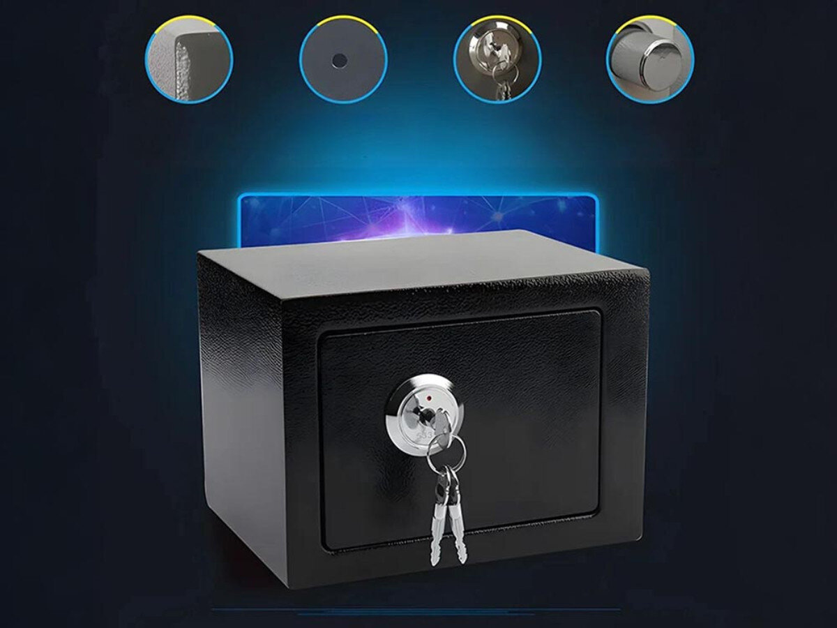 Sejf domowy EXTRALINK Home S-404 Czarny, stal, rygle, zamek, wymiary, Czarny sejf z detalami: ścianki, cylinder, klucz.