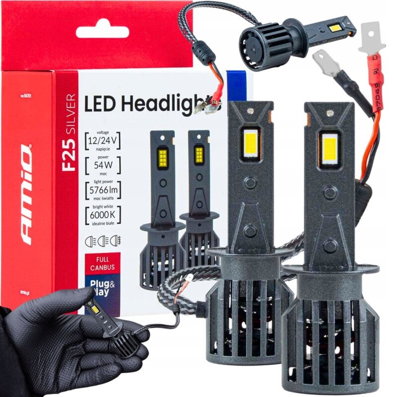 Na obrazie widoczne są dwie żarówki LED z opakowaniem, na którym znajduje się tekst: \'LED Headlight\', \'voltage 12/24V\', \'power 54W\', \'light power 5766lm\', \'bright white 6000K\', \'FULL CANBUS\', \'Plug & Play\'. Logo \'Amio\' jest umieszczone na opakowaniu.