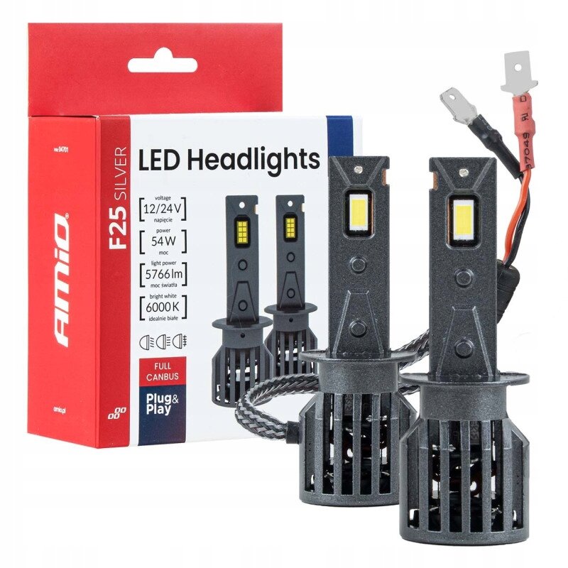 Na obrazie widoczne są dwie żarówki LED z oznaczeniem F25 Silver oraz opakowanie z napisem \'LED Headlights\'. Na opakowaniu znajdują się informacje: \'voltage 12/24V\', \'power 54W\', \'light power 5766lm\', \'bright white 6000K\', \'FULL CANBUS\', \'Plug & Play\'.