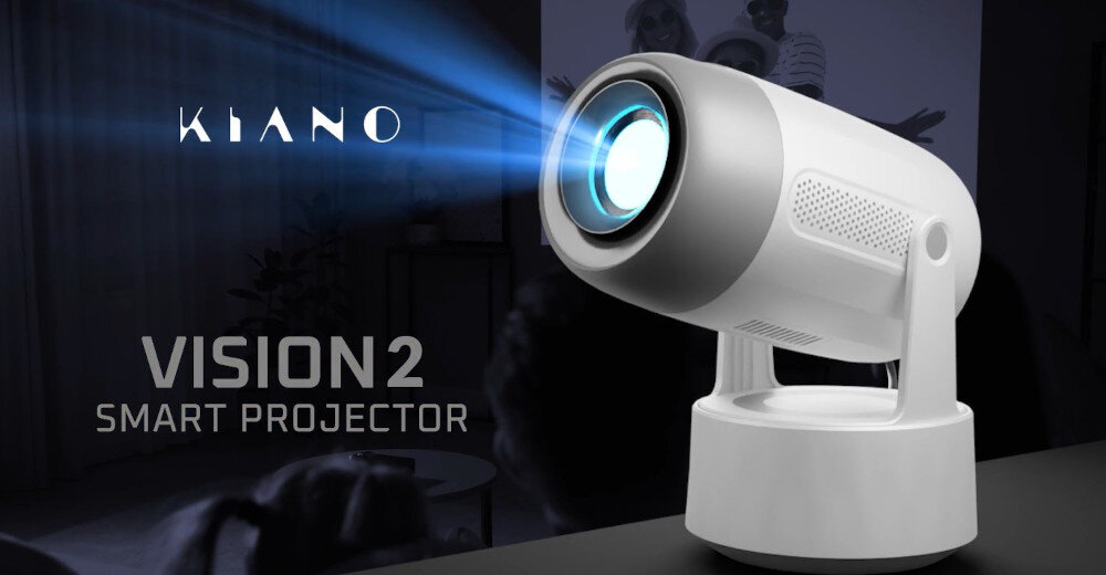 Projektor KIANO Vision 2 przenośny z funkcją Smart TV i baterią do 2,5 h, projektor stojący na ciemnym podłożu