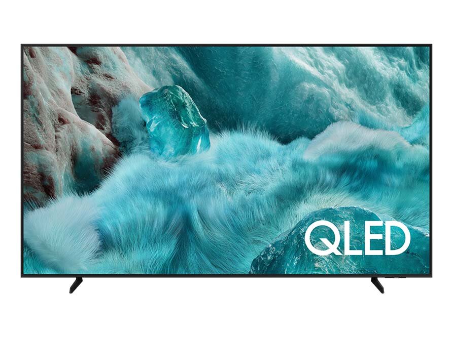 Telewizor Samsung QLED Q7F2AU z niebieską grafiką ukazującą elementy natury na ekranie.